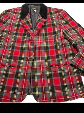 Requirements red Gray PLAID Wool Button Blazer Black Velvet Collar Womens 18 VTG